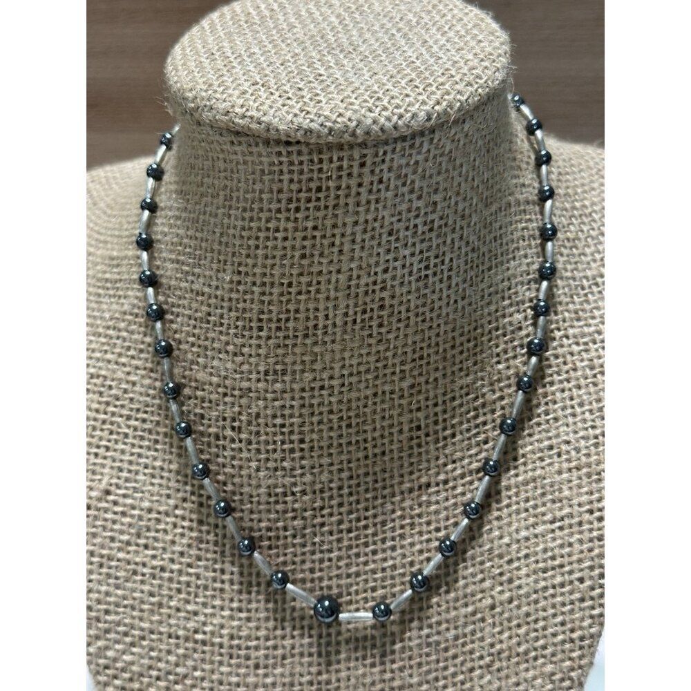 16” Silver Tone Hematite Beaded Necklace Metal Dainty Rock Punk